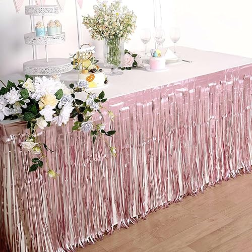 Miniatura 7 de Efavormart - Falda de mesa con flecos metálicos de 30 x 9 pies, falda de mesa autoadhesiva para fiesta, color rosa polvoriento