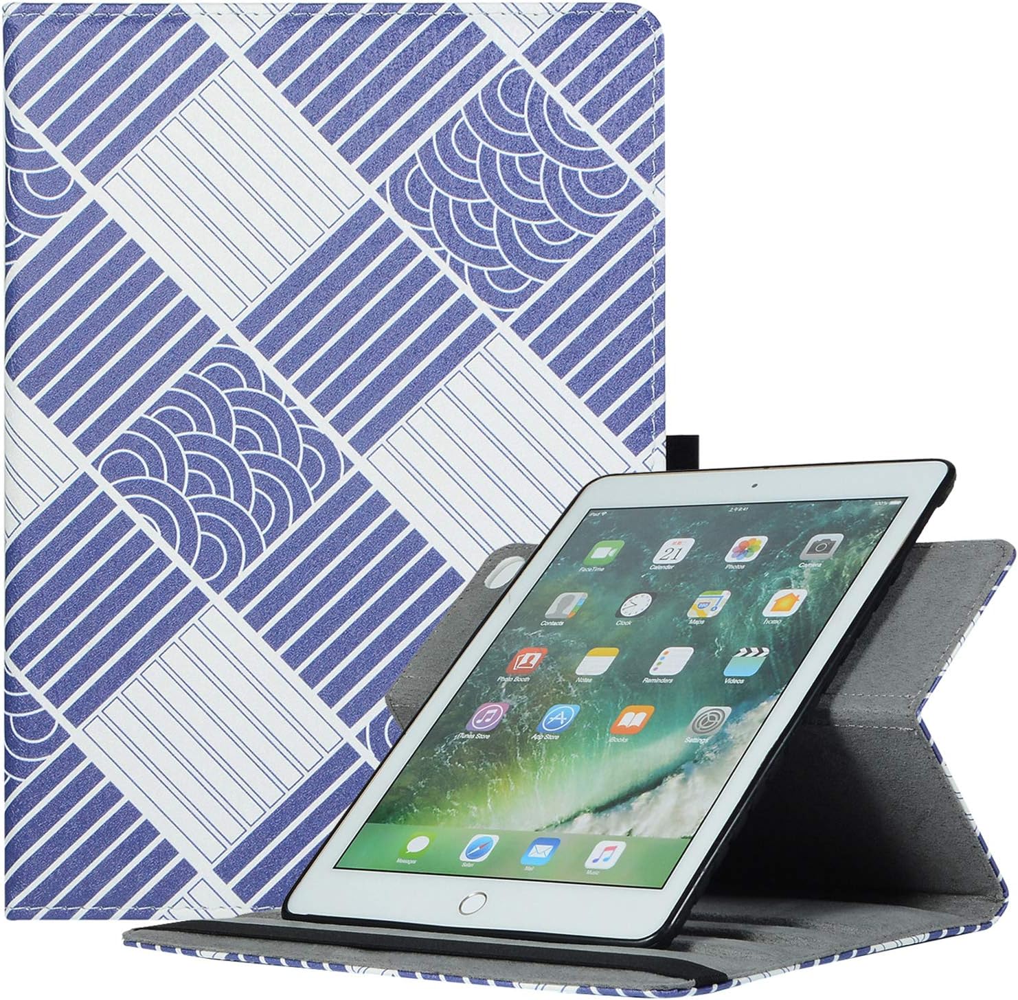 AiSMei Case for iPad 9.7 2018/2017,iPad Air 2013, Multiple Viewing Angles Rotating Stand Cover w/TPU Back Cover,[Corner Protection] Pencil Holder,Auto Wake Sleep,Lattice