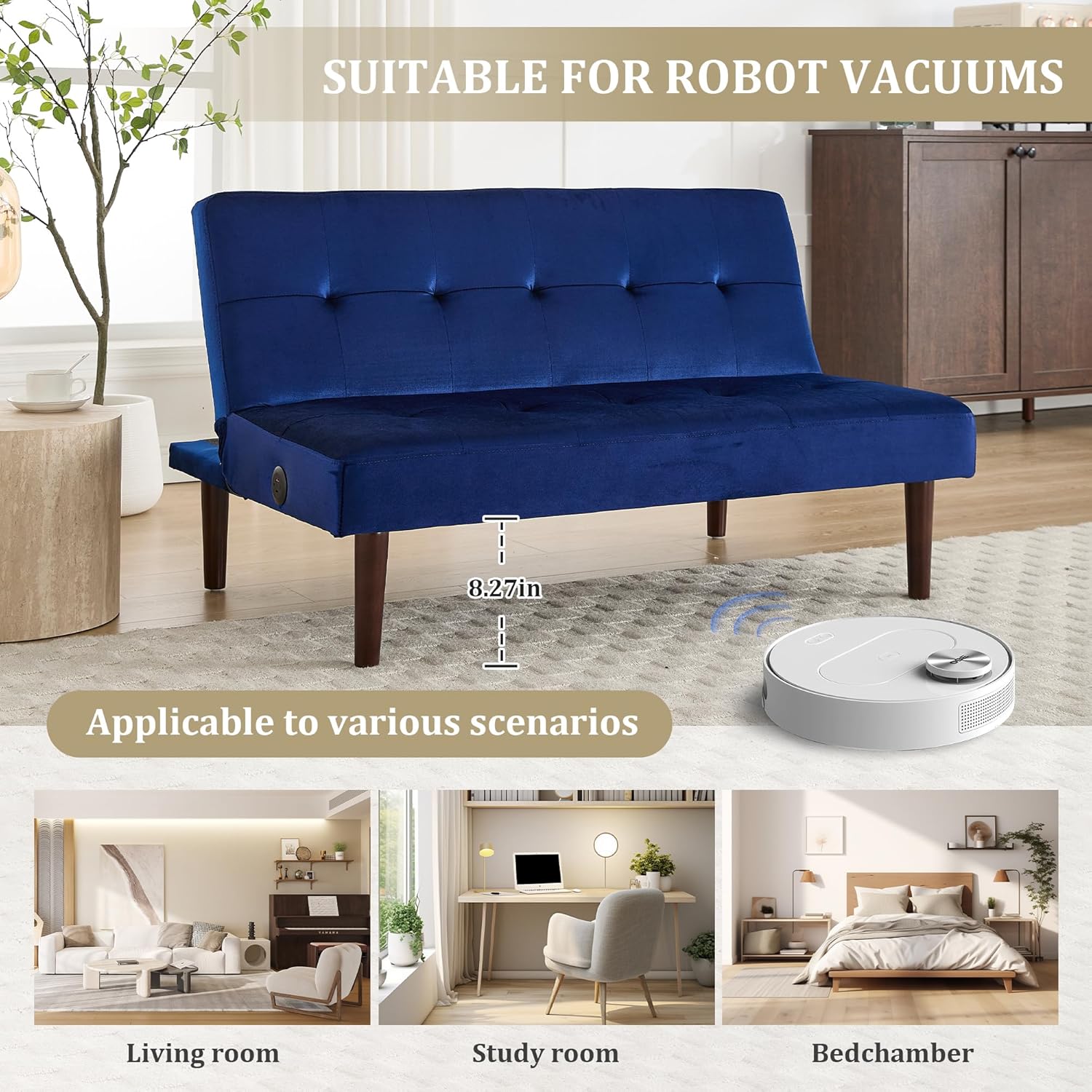 QQU 3-in-1 Foldable Sofa Bed, 45" W Adjustable Recliner Futon Couch Bed with USB Charging Port, Plush Flannel Fabric 1-Seater Sleeper Loveseat Sofa for Living Room, Bedroom, Office, Apartment, Blue