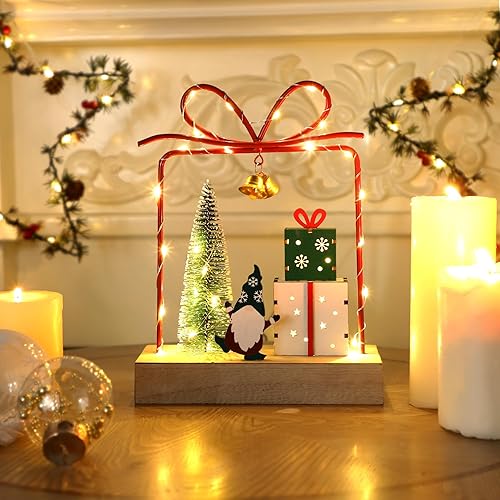 Miniatura 6 de Decoración de mesa de Navidad, caja de regalo de Navidad iluminada de madera, decoraciones de edificios coleccionables, cajas de regalo de Navidad,