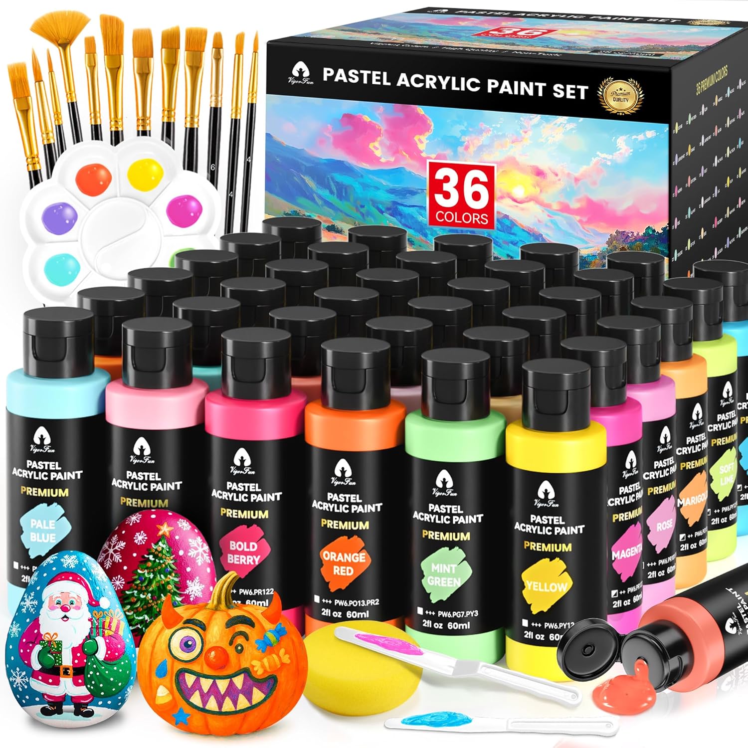 52-Piece Pastel Acrylic Paint Set: 36 Colors, Brushes & Palette