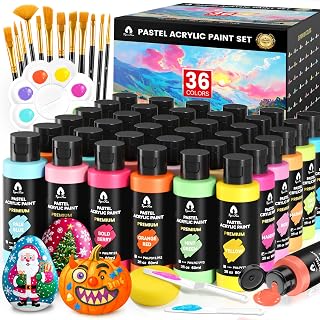 52 Pcs Pastel Acrylic Paint Set with 12 Brushes, 2 Knives & Palette, 36 Colors (2oz/60ml) - for Adults, Artists & Beginners - Canvas Ceramic Rock Wood Egg Painting Kit