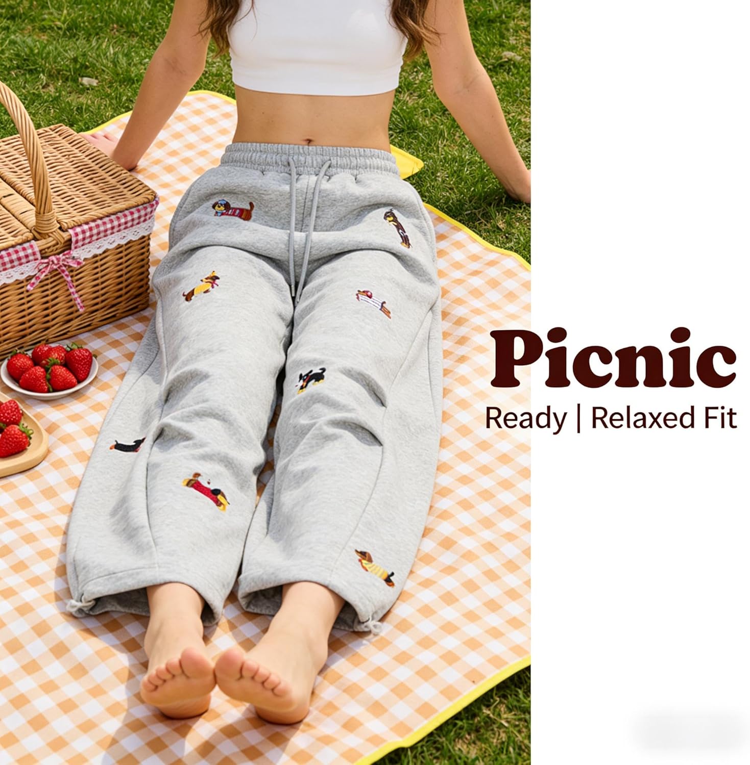 Wide Leg Baggy Sweatpants for Women Men Dachshund Embroidery Drawstring Sweat Pants Trendy Athletic Pants Clothes - Image 3