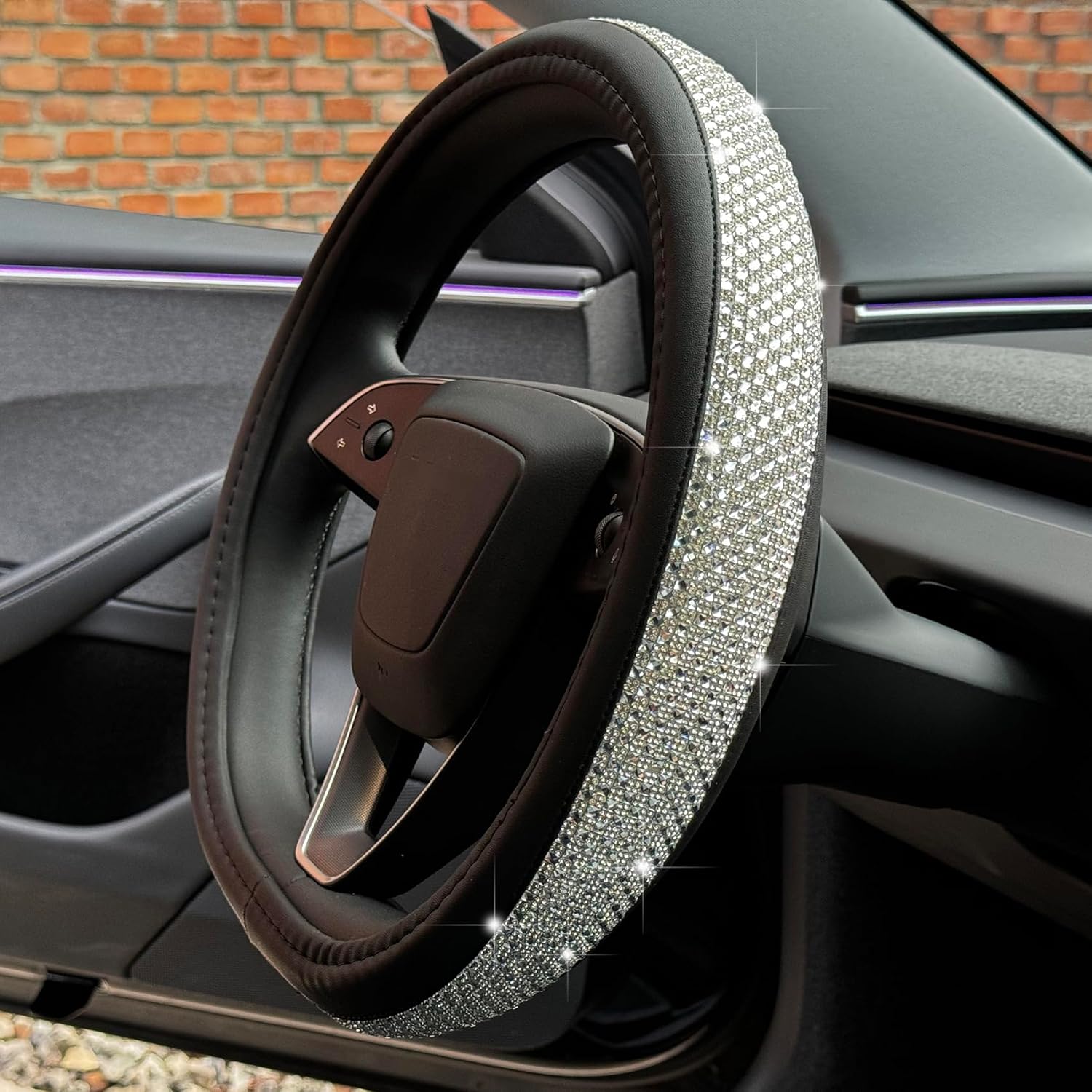 PINCTROT Bling Comfy Steering Wheel Cover for Tesla Model Y/3 Highland/Juniper, D Shaped 14 Inch Small Sized with Jumbo Crystal Rhinestones, Flat Bottom with Anti-Slip Diamond Leather (Silver)