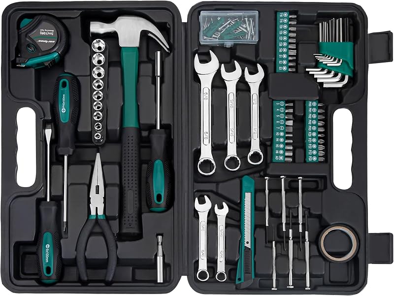 148-Piece Automotive And Household Tool Set, Green Repair Kit Case | Versatile tool assortment for car maintenance, home repairs, DIY projects, furniture setup, and daily fixes in a molded case.