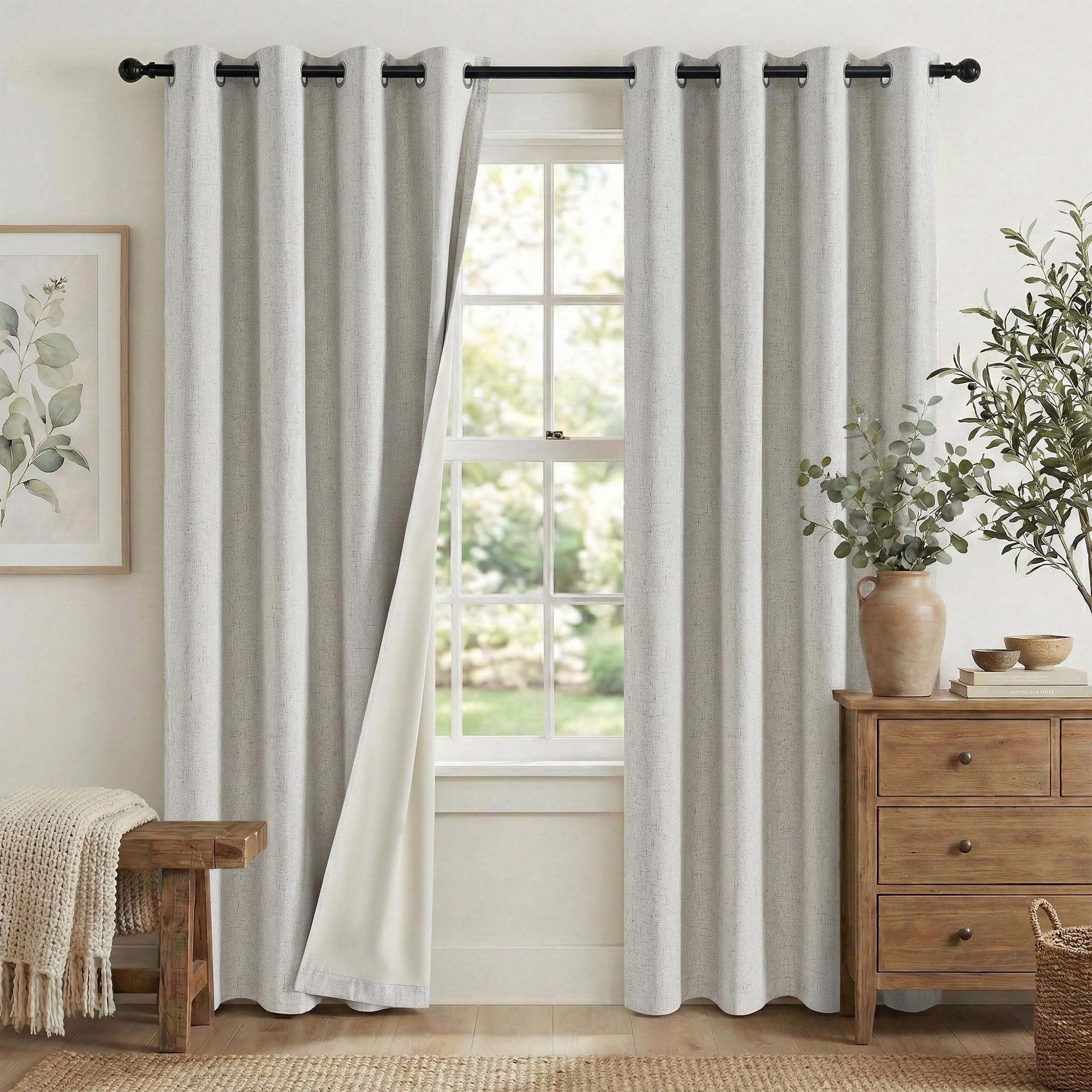 PONY DANCE Beige Total Blackout Curtains with Beige Coated Backing - Textured Faux Linen Eyelet Curtains for Bedroom & Living Room, Thermal Energy Saving, 52 x 90 Inch (132 x 229 cm), 2 Panels โ image 1