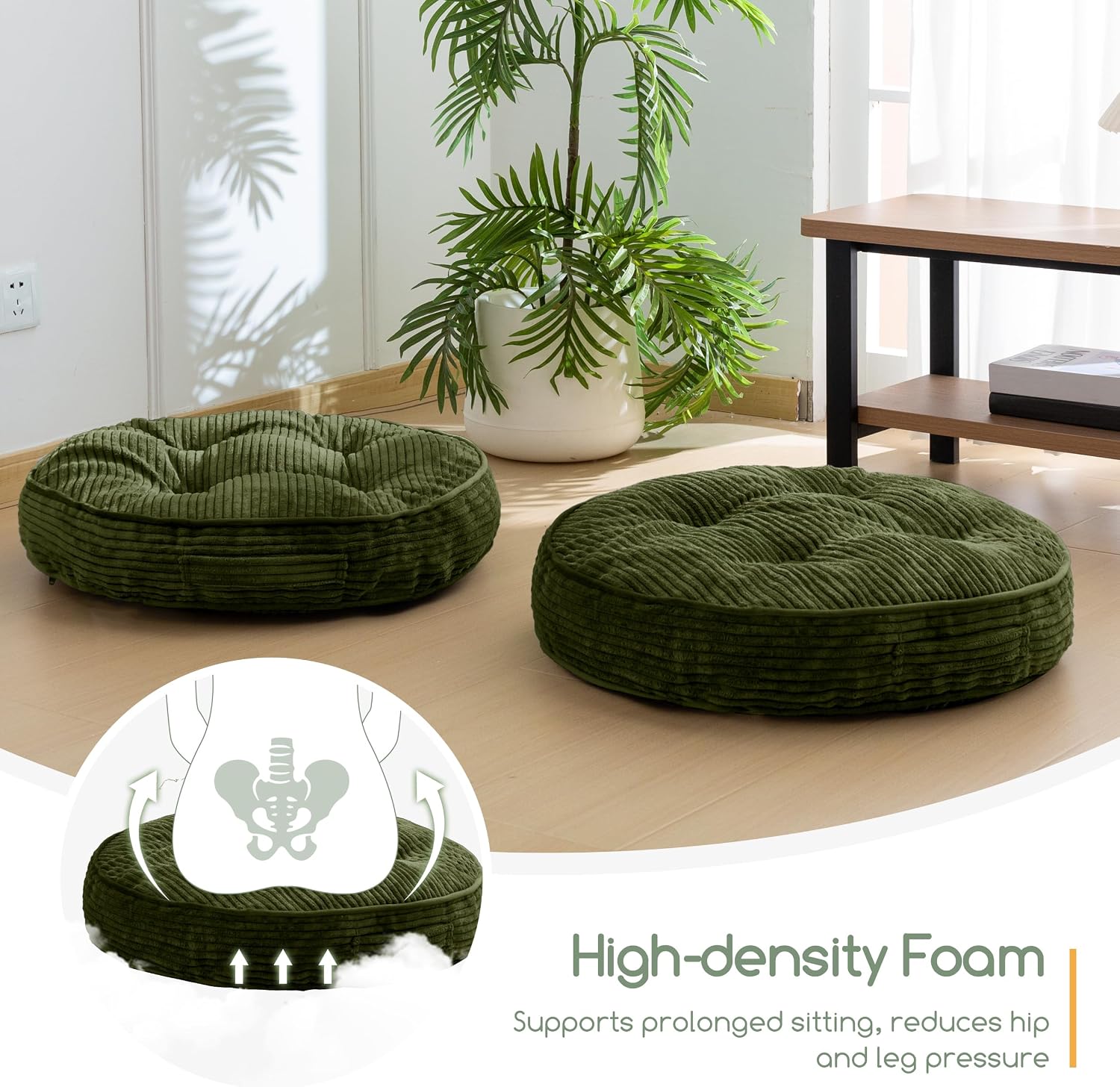 HIGOGOGO Floor Pillow Cushion for Adults, Meditation Cushion Pillow, Large Round Floor Sitting, Tufted Corduroy Cover, for Tatami Living Room or Yoga, 22x22 Inch, Dark Green