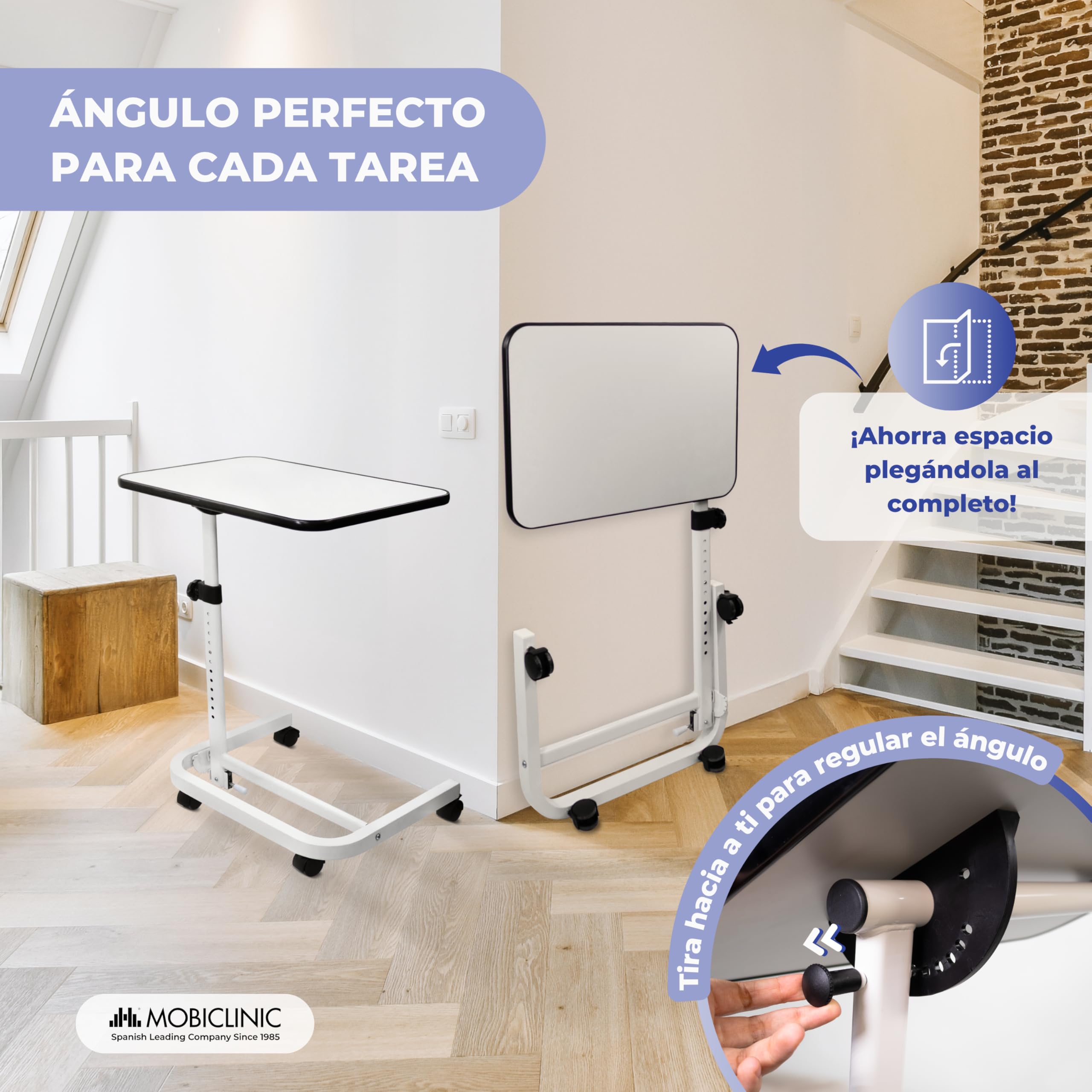 Mobiclinic®, Mesa Auxiliar, Plegable, Altura Regulable, Inclinable, para Ordenador, Sofá, Cama, Reborde Antideslizante, Ruedas 360º con Frenos, Forma en C, Cumbre