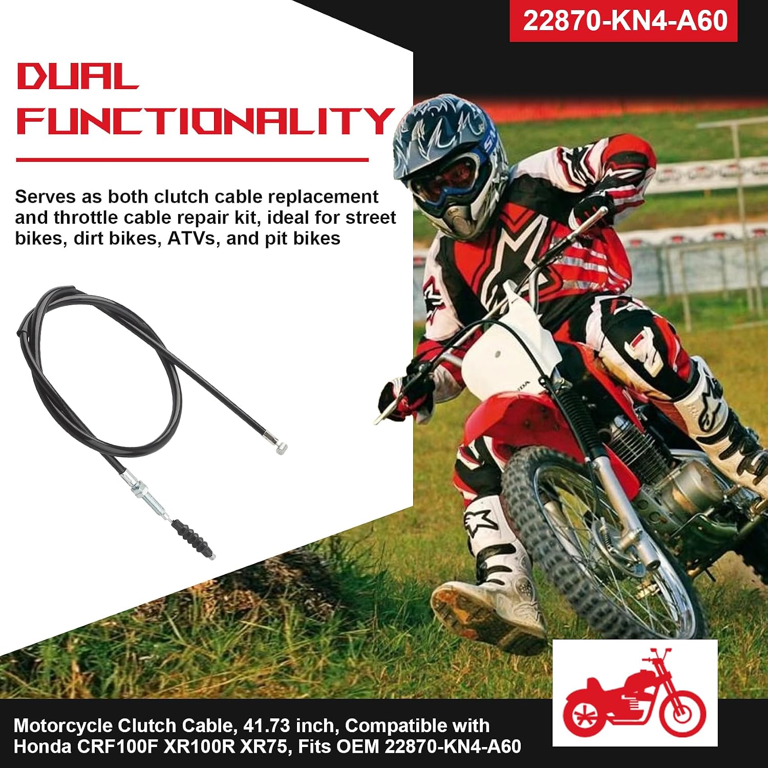 22870-KN4-A60 Clutch Cable Motorcycle for Honda XR75 XR80R XL80S CRF100F | Fits for 22870-GN1-A50 22870-GN1-000 22870-107610 22870-116-670, for Honda XR75 XR80 XR80R XR100 XL80S CRF80F CRF100F