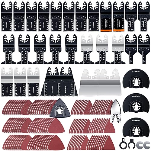 CONNOO 158 Pack Oscillating Saw Blades, Oscillating Tool Blades with Sandpaper, Multitool Bi-Metal Blades Kits for Wood Metal Plastics Quick Release Fit Dewalt Ryobi Rockwell Makita