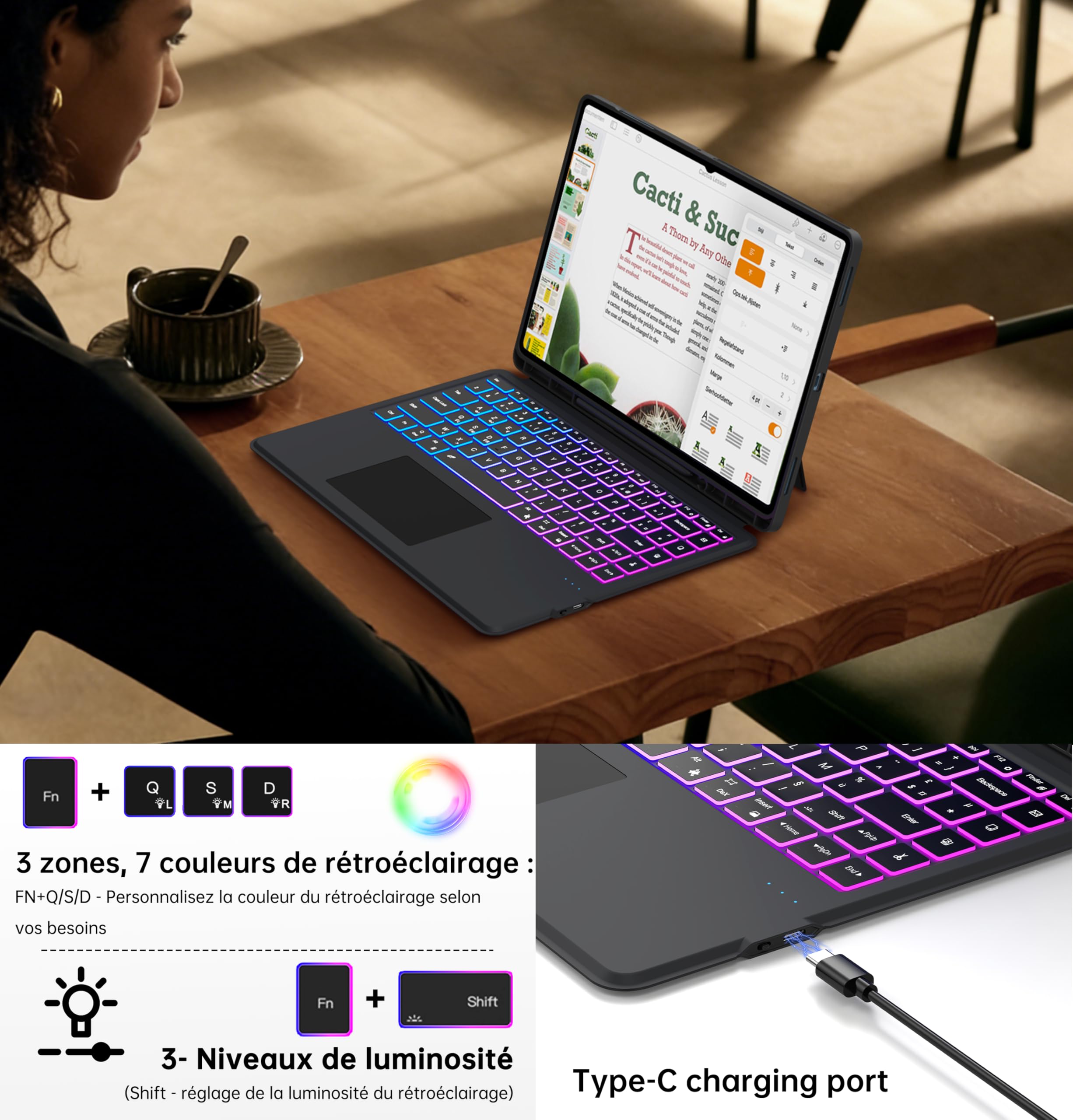 Coque Clavier pour Samsung Galaxy Tab S11 Ultra/S10 Ultra/S9 Ultra/S8 Ultra 14.6 pouces: 7 Couleur Rétro-éclairé Magnétique Clavier Détachable avec Trackpad | Claviers Azerty Français Sans Fil S9Ultra