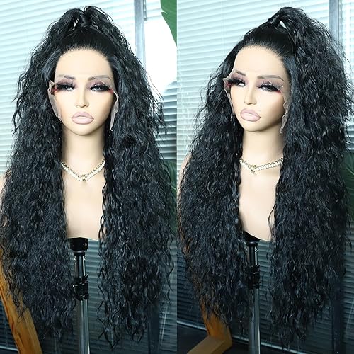 Miniatura 3 de SAPPHIREWIGS Pelucas rizadas con encaje frontal para mujeres negras, peluca larga negra, sin pegamento, peluca rizada suelta sintética, línea