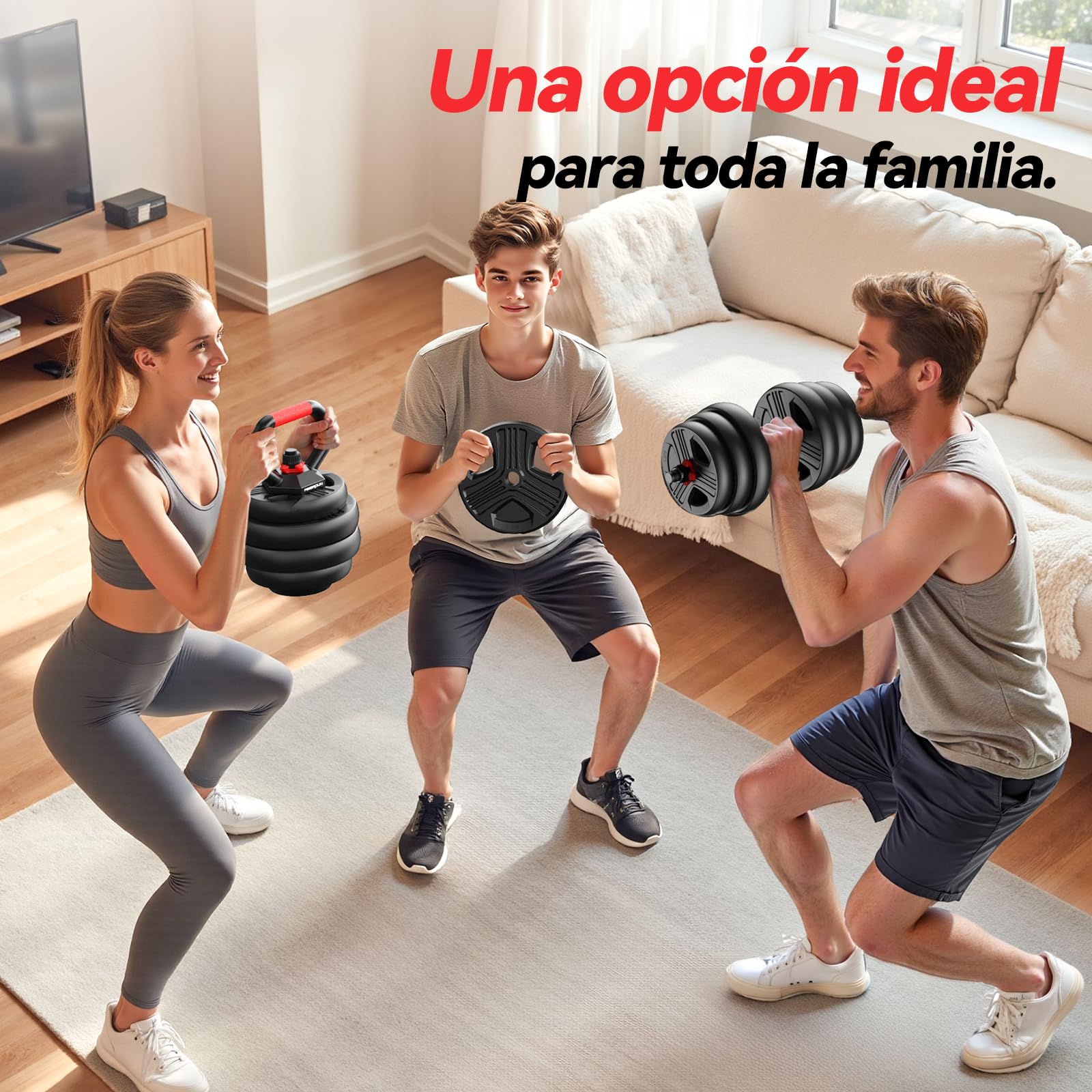 FEIERDUN 10kg-40kg Juego de Pesas y Mancuernas Ajustables, Kit Pesas 5 en 1 con Barra, Pesas Rusas y Soportes Para Flexiones, Equipo de Entrenamiento Progresivo para Toda la Familia
