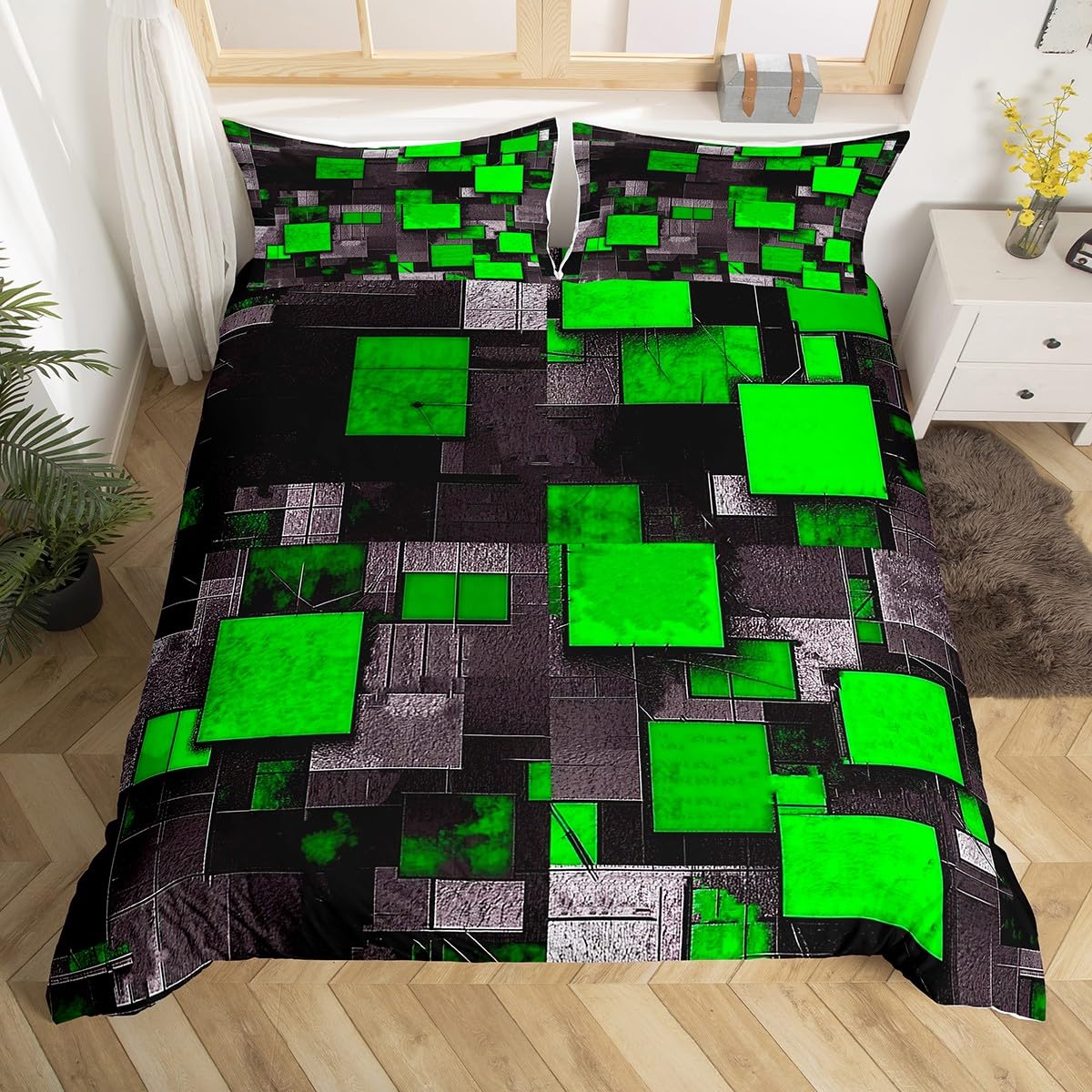 richhome Single Size Geometric Grid Bedding Set Green Black Duvet Cover Abstract Art Comforter Cover Boys Girls Bedspread Cover Kids Bedroom Decor 2Pcs With 1 Pillow Case