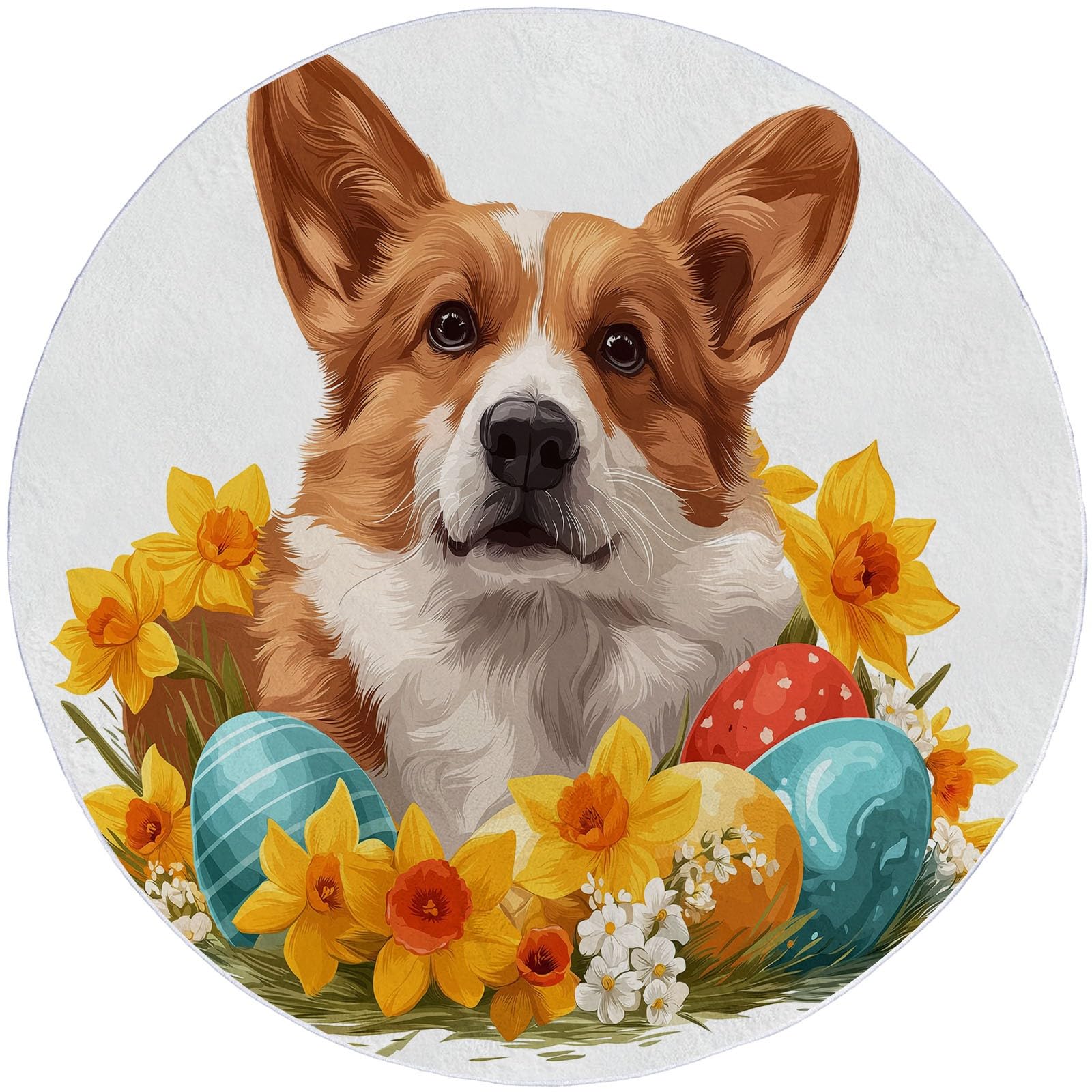 Dywan do salonu okrągły Corgi Akwarela Pisanki Kwiaty 160 cm Okrągłe dywaniki do salonu, biały zmywalny dywan do wnętrz miękki - do sypialni, kuchni, stołu w jadalni
