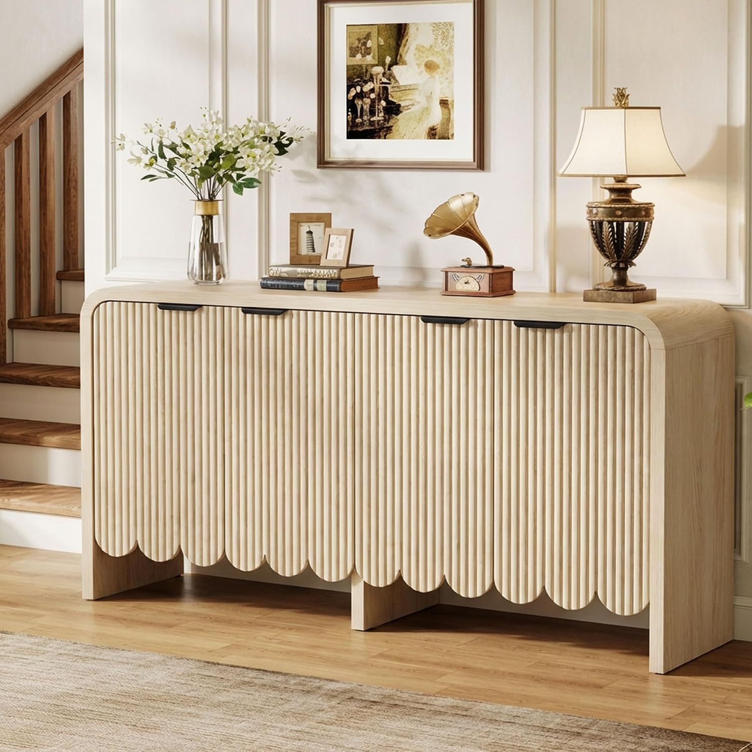 Modern Fluted Sideboard Buffet Cabinet, 4-Door Storage Cabinet with Adjustable Shelves & Anti-Tip Device, 59" W Wood Credenza for Bedroom/Living Room