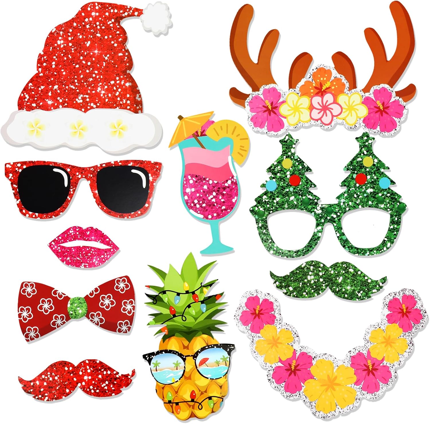 HOWAF 30pcs Mele Kalikimaka Photo Booth Props - Hawaii Tropical Christmas Decoration Kit with Flamingo, Palm Tree, Santa, Pineapple & More