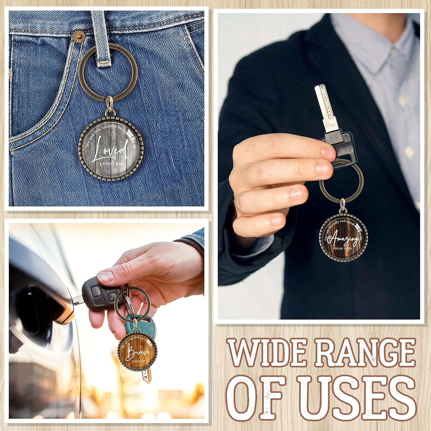 Equsion 36 Pcs Father's Day Christian Keychain Bulk Mini Bible Verse Keychains with Scripture Quote Religious Gifts for Women Men (Wood Grain)