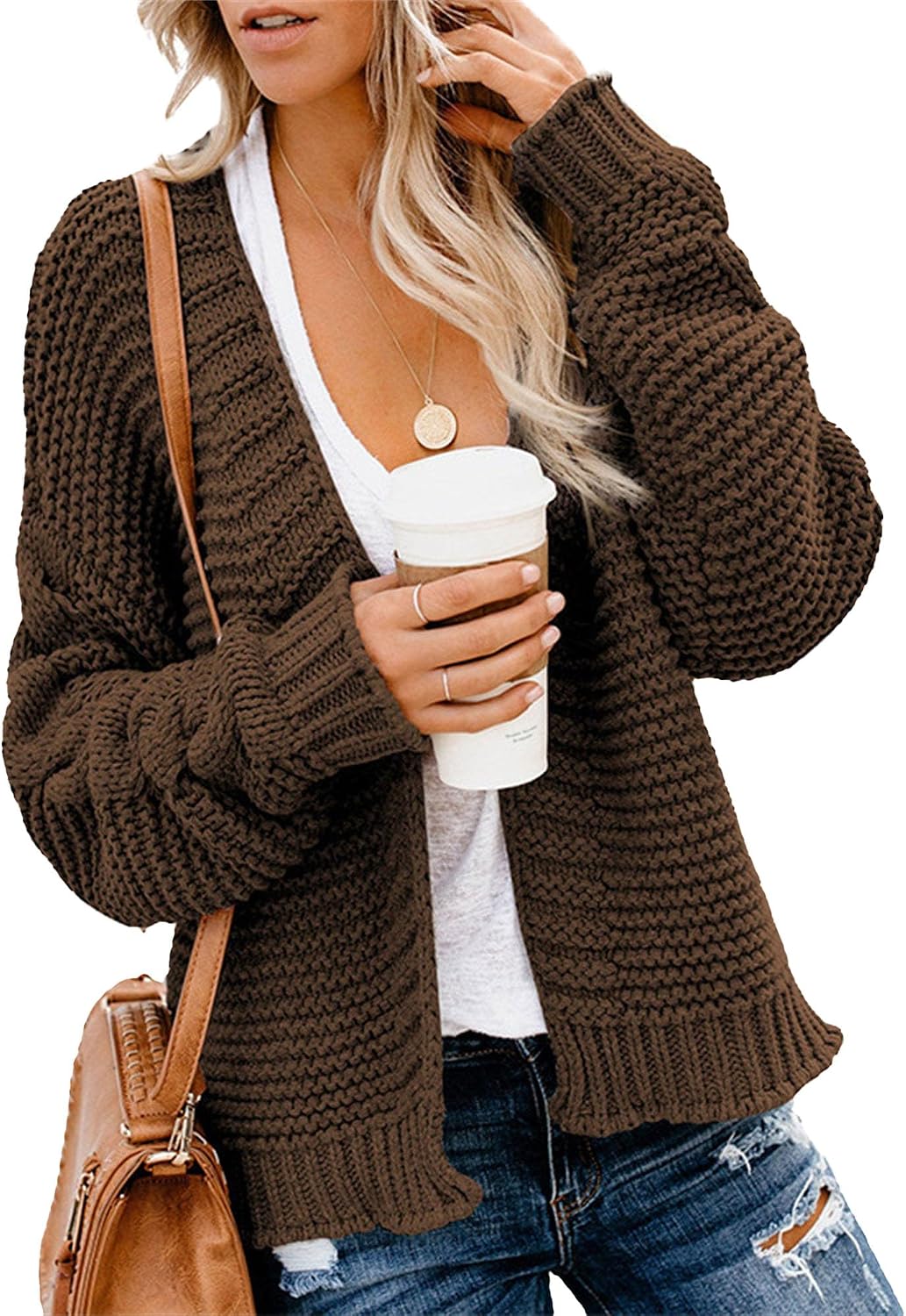 Women's V Neck Cropped Cardigan Sweater Long Sleeve Lapel Chunky Draped Knit Coats Casual Open Front Outerwear