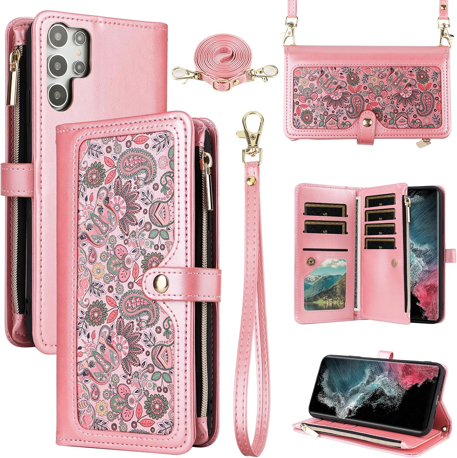 for Samsung Galaxy S25 Ultra 5G Floral Wallet Case with Wrist Strap Shoulder Strap, Zipper PU Leather Flip Credit Card Holder Stand Cell Phone Cover for S25Ultra 25S S 25 Women Men Pink
