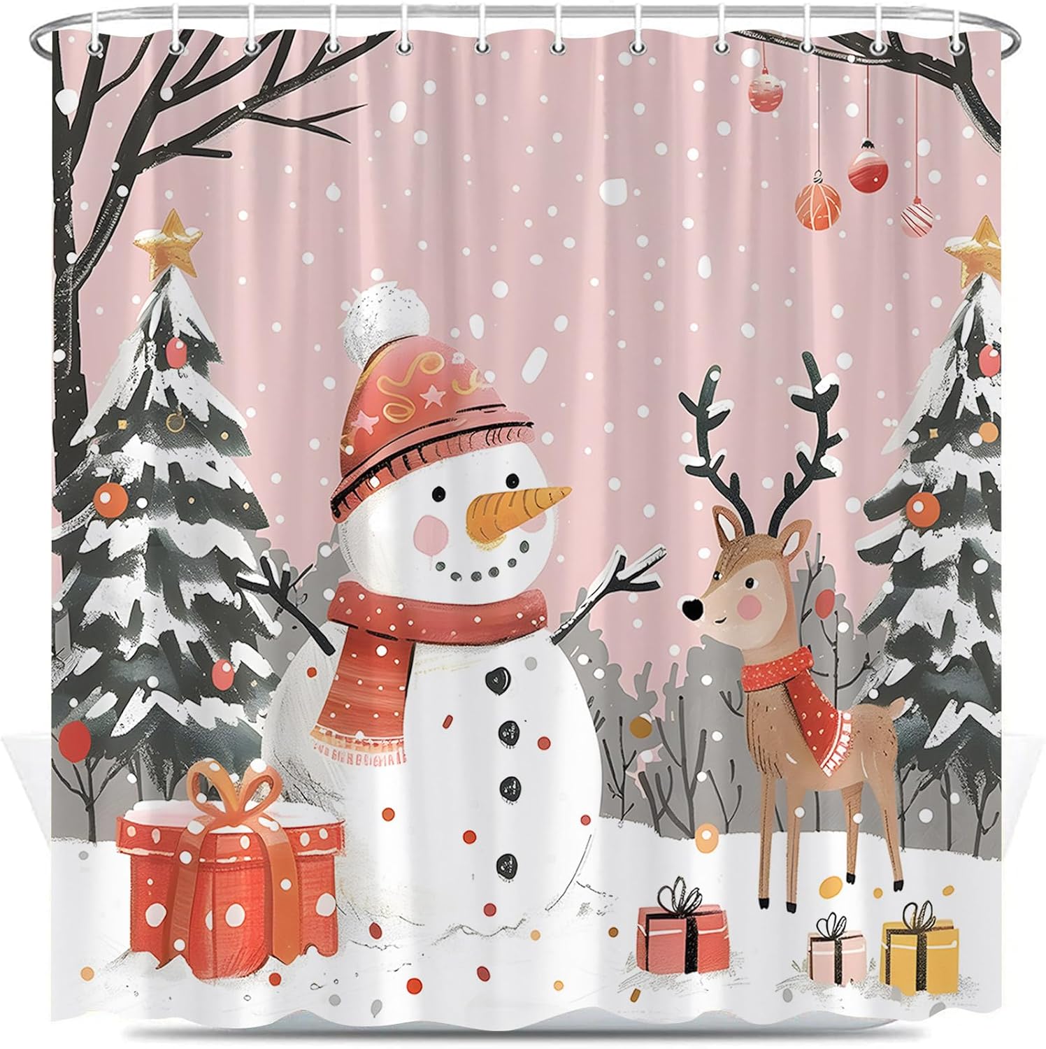 Winter Snowman Shower Curtain Christmas Tree Cute Elk Deer Snowflake Winter Forest Pine Rustic Funny Xmas New Year Polyester Fabric Bathroom Decor Set with Hooks 70X96 Inch