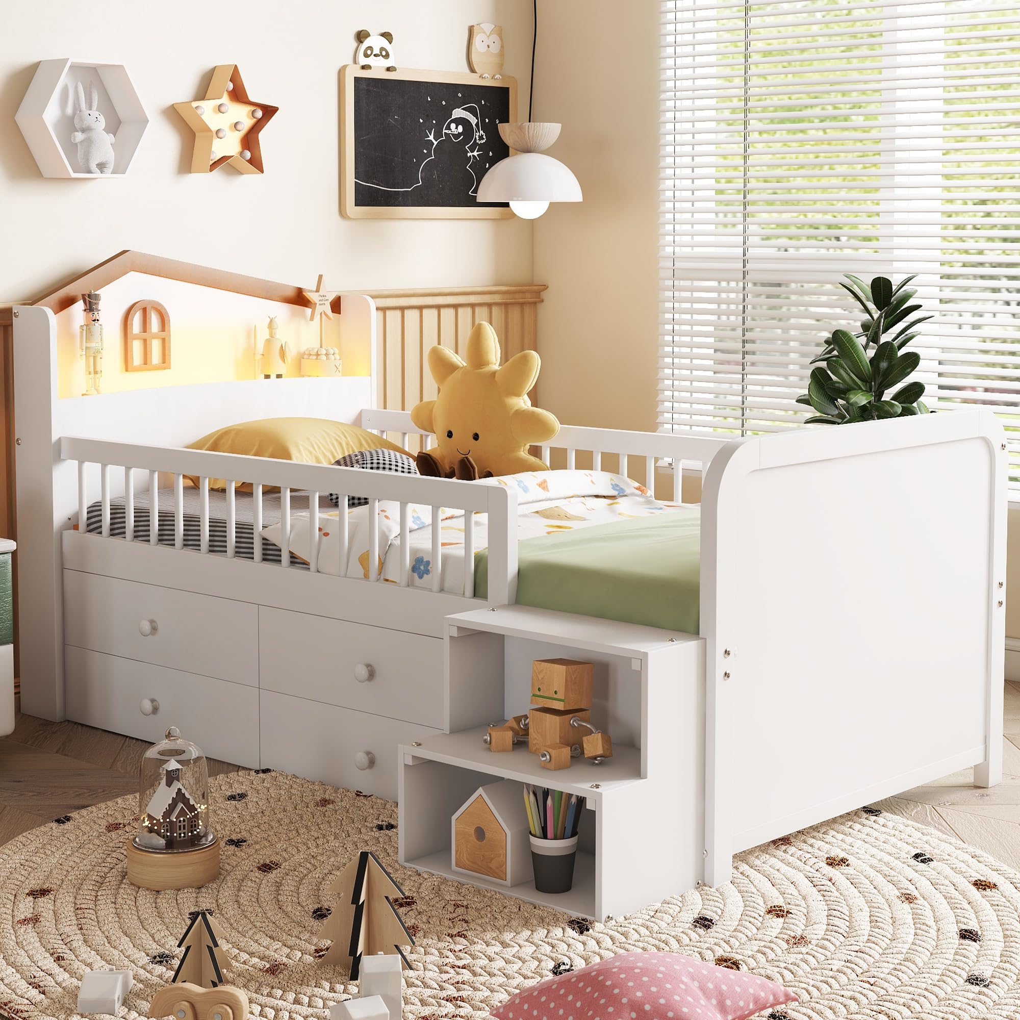 Low Loft Bed with LED Lights Wooden Twin Loft Bed with House Shape Headboard Kids Loft Bed with Storage Drawers White