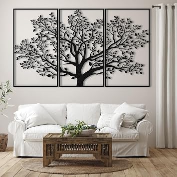 ICEWQOQU Tree of Life Wall Art, 3 Piece Metal Tree Wall Decor, Outdoor Metal Wall Art for Living Room, Bedroom, Bathroom, Hanging Over Bed Decor, Home Decor 34" W x 20" H / 87x50 cm, black