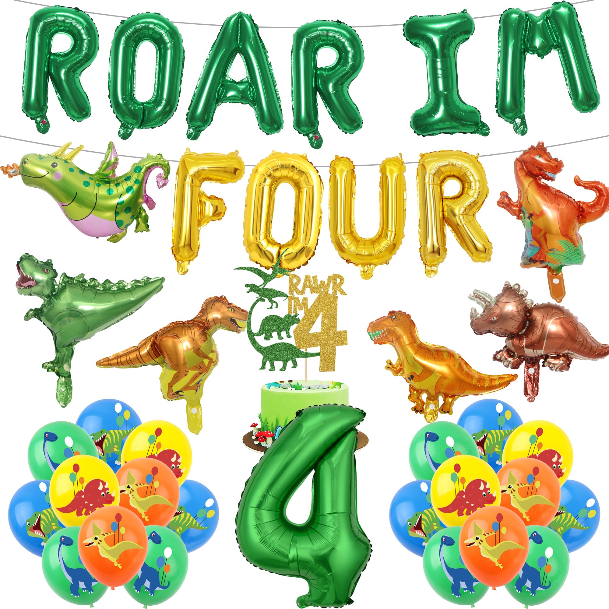 Dinosaur 4th Birthday Party Decorations - 38 Pcs Green Dino Four Roar Im Four Letter Balloons Banner Number Foil Balloon Cake Decor For Boys Jungle Themed 4 Year Old Party Supplies
