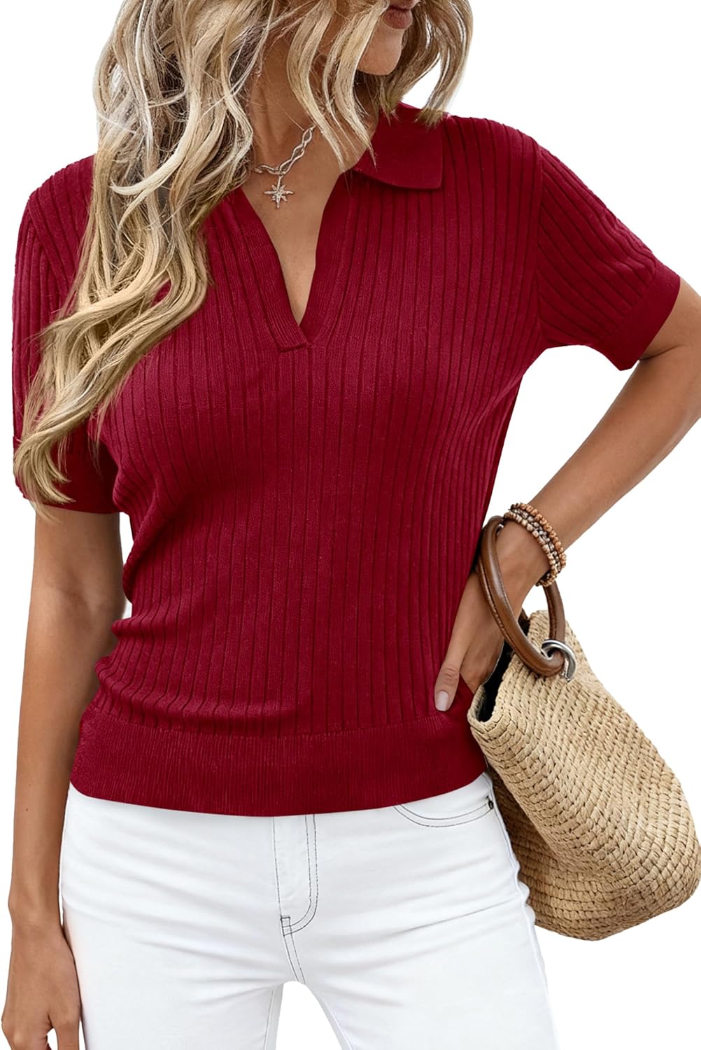 PRETTYGARDEN Women's Short Sleeve Sweater 2026 Spring Polo Shirts Ribbed Knit V Neck Business Casual Tops Summer Work Clothes - Image 5