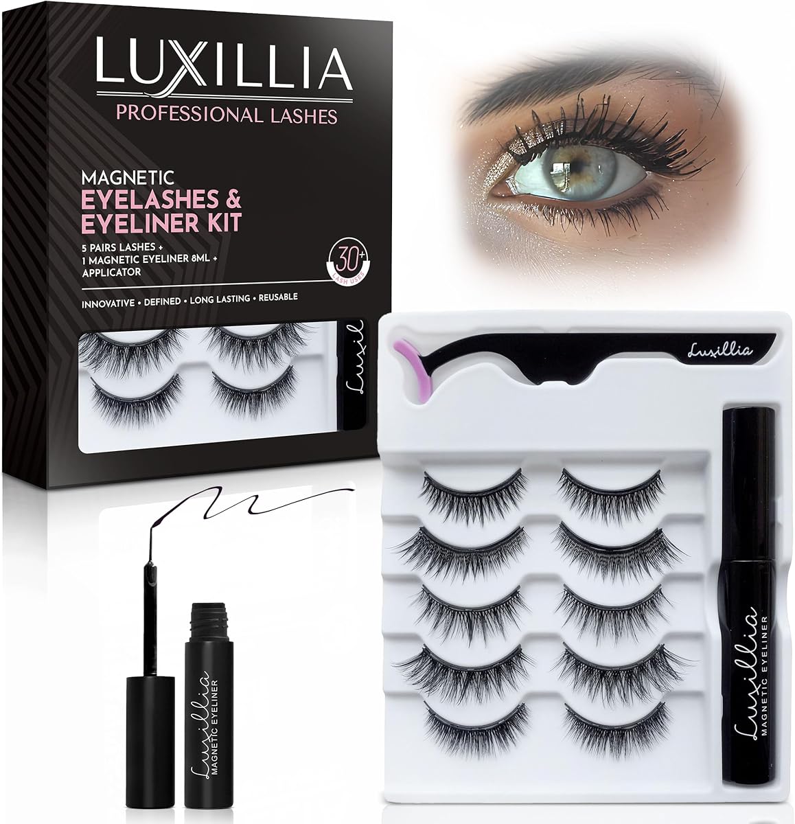 Luxillia Magnetic Eyelashes with Applicator Kit - 7 Set Natural Eye Lashes