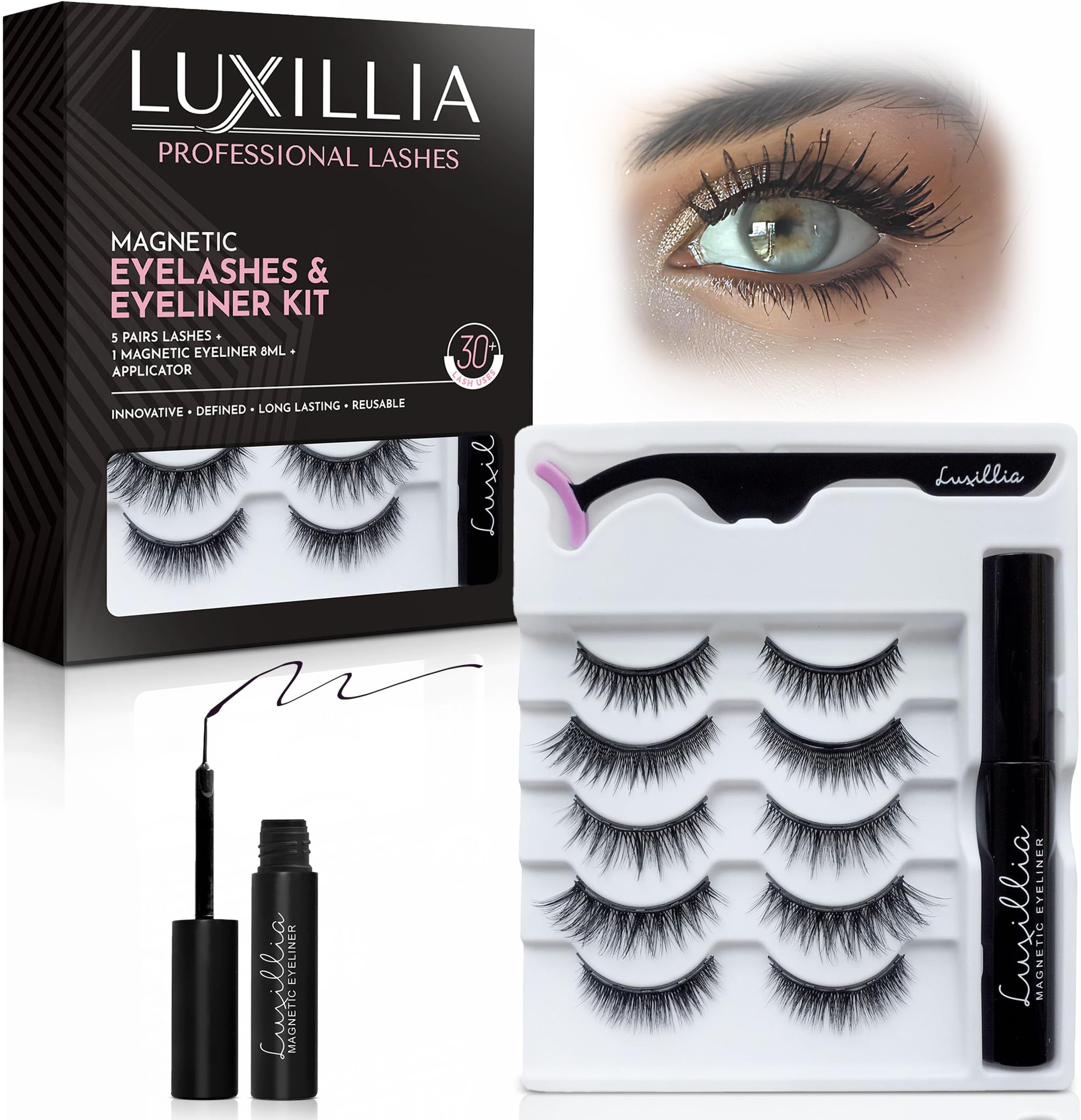Luxillia 7-Piece Magnetic Eyelashes with Applicator & Magnetic Eyeliner Kit – Reusable Natural Magnetic Lashes – Easy Apply Lash Kit for Beginners – Waterproof, Short & Dramatic Looks