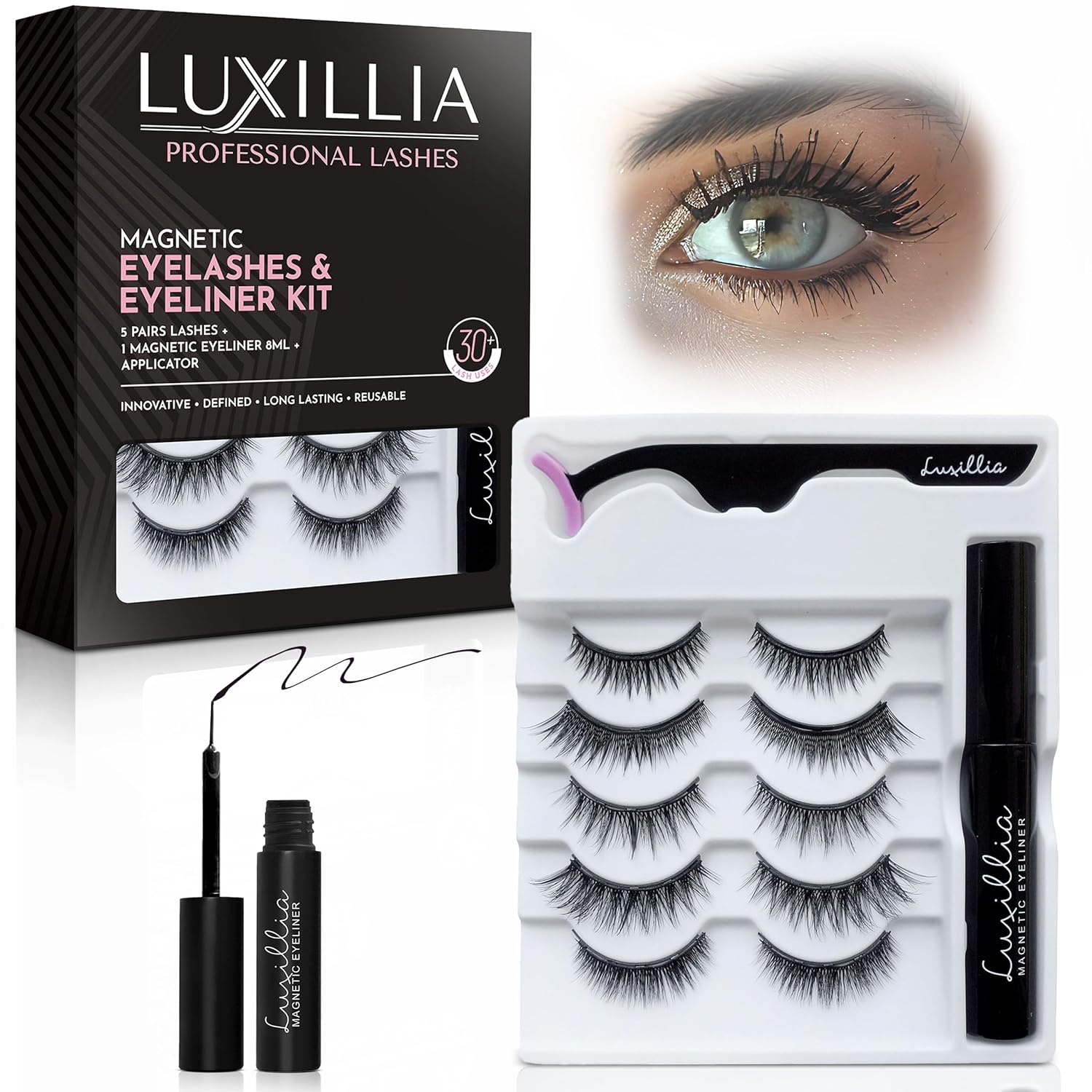 Luxillia Magnetic Eyelashes Kit 7 Piece Magnetic Eyelash Eyeliner Set with Applicator Natural Look Easy Apply Reusable Fake