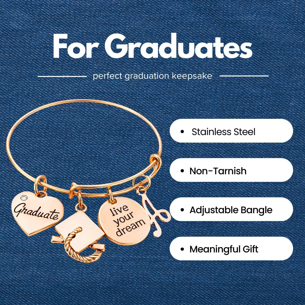 Infinity Collection Rose Gold Stainless Steel Graduation Bangle – Live Your Dream Graduate Bracelet – Inspirational Jewelry Gift for Her, 2026 Class Keepsake