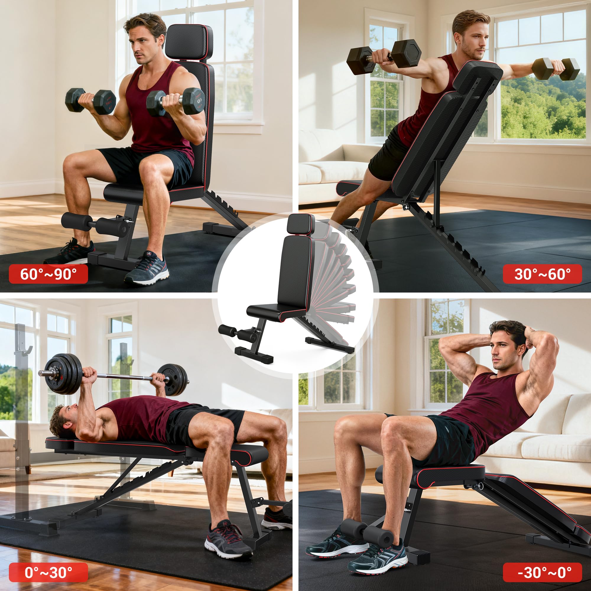 XDDIAS Hantelbank, 10-fach verstellbare Trainingsbank mit verlängerte Kopfstütze, klappbare bis 360 kg, Schräg-, Flach- & Negativbank für Heimfitness, kompakte Fitnessbank für kleines Zuhause