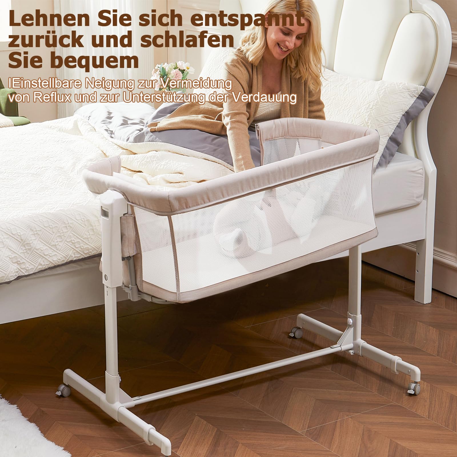 SANEWE Essential Culla Neonato Fianco Letto,Culla Next To Me 3-in-1 Oscillante con Ruote e Regolazione Altezza 6 Posizioni - Tessuto Mesh Traspirante e Materasso Morbido per Neonati e Infanti