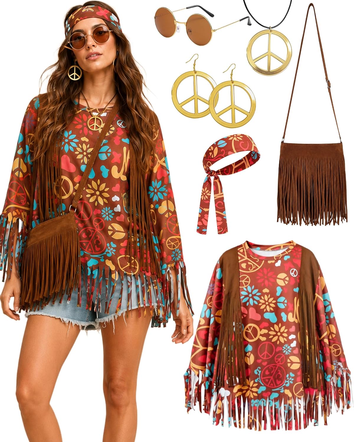70s Hippie Outfits for Women Tie Dye Poncho Top Hippie Clothes Accessories
