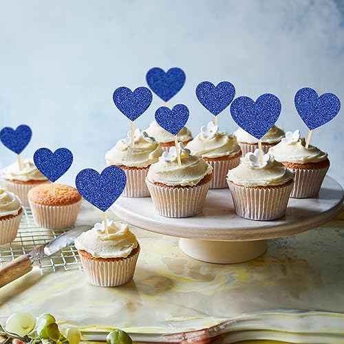 Miniatura 8 de Gyufise 30 adornos de corazón para cupcakes azul profundo con purpurina dulce corazón dulce amor decoración de pastel de San Valentín decoraciones