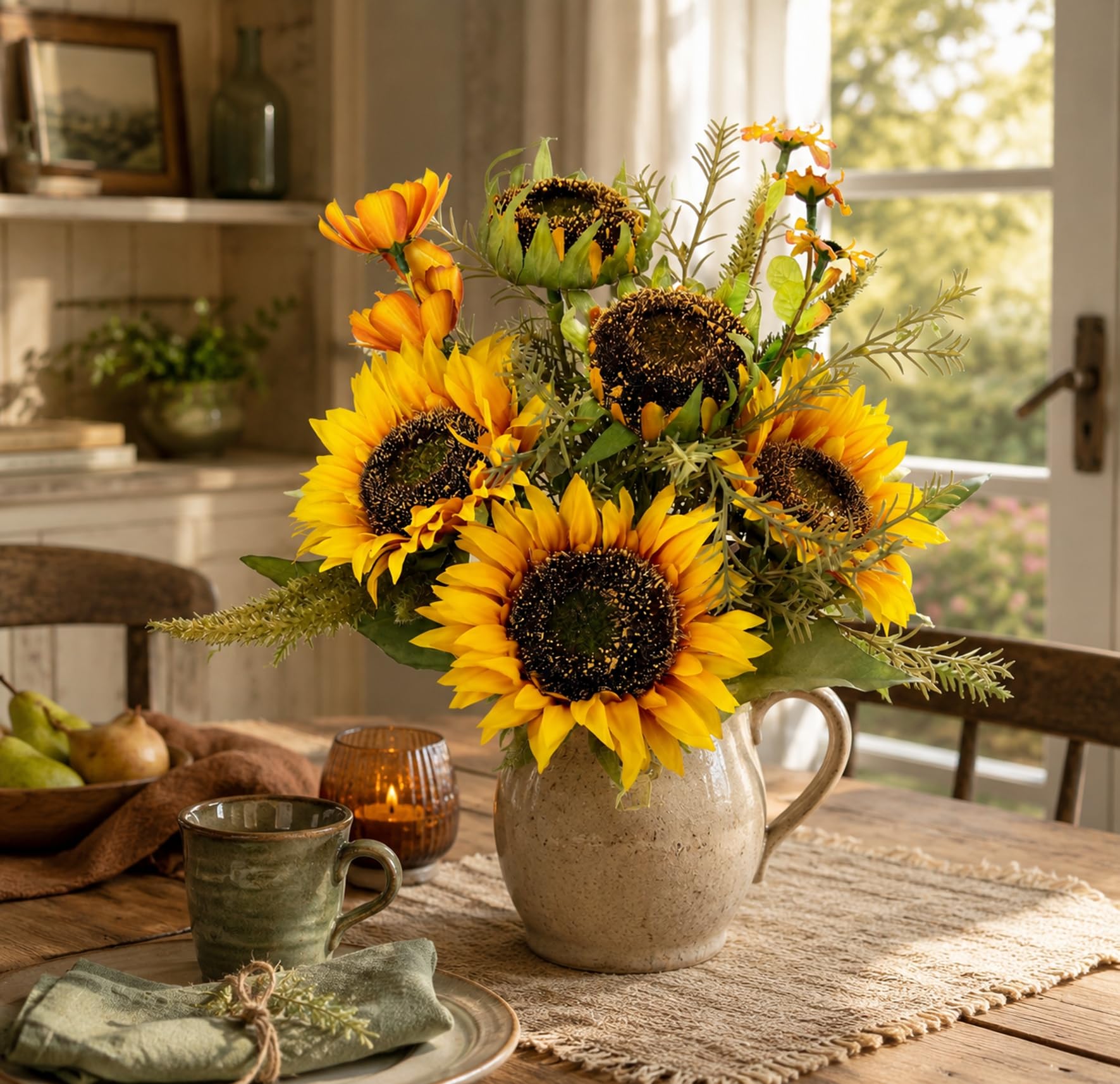 Kunstblumenstrauß Sonnenblumen 43 cm Strauß Blumensträuße Seidenblumen Kunstblumen Dekoblumen Bouquet Hochzeit Haus Herbstdeko Herbstblumen Sonnenblumenstrauß Mittelstück Tischdeko wie echt