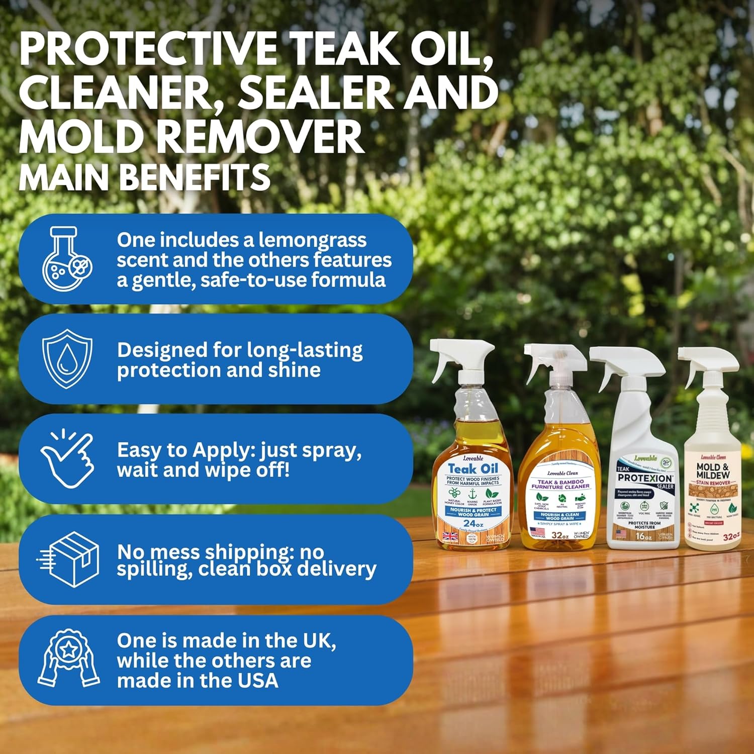Loveable EcoDecors Complete Teak Care Bundle - 24oz Teak Oil, 32oz Cleaner, 16oz Protexion, and 32oz Stain Remover