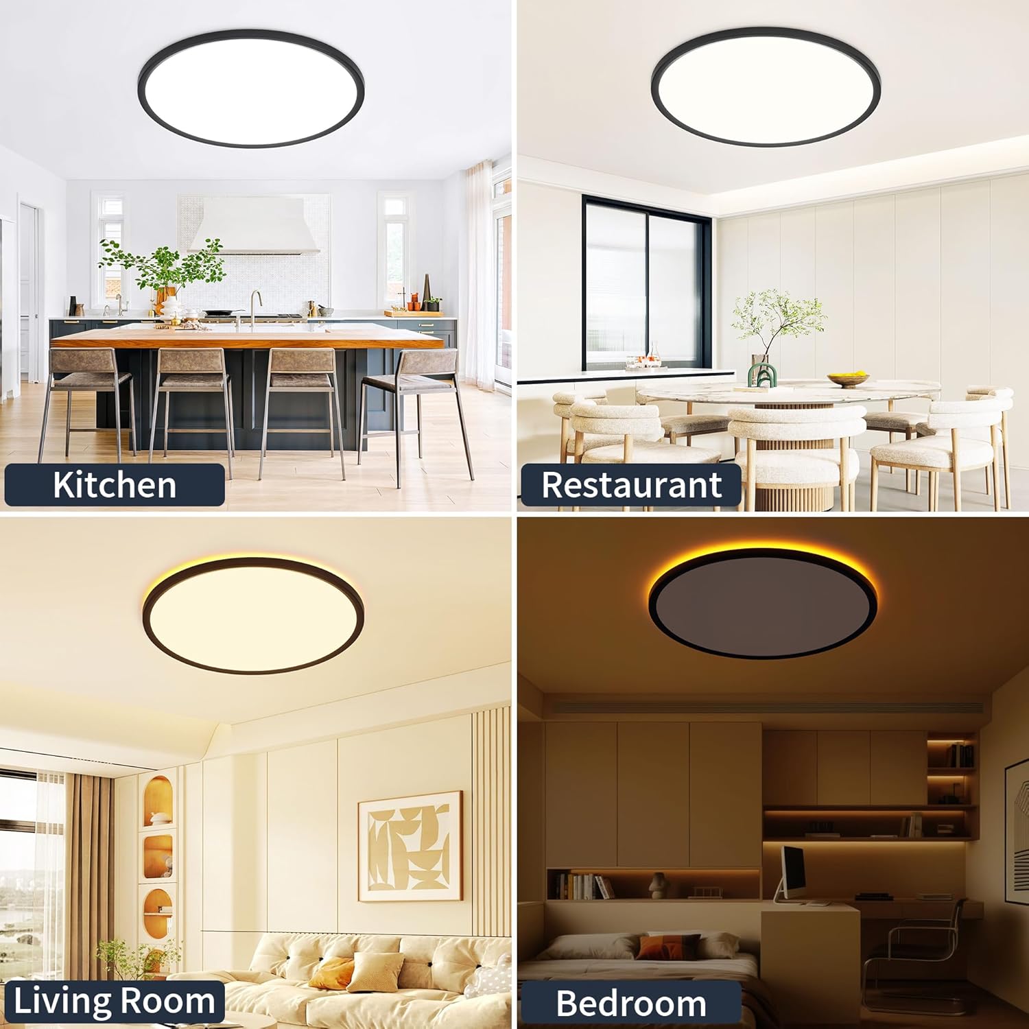 19 Inch Flush Mount Ceiling Light with Night Light, 45W 4500LM, Dimmable LED Ceiling Lights Fixture with Remote Control, 3000K/4000K/6500K Selectable, Slim Bright Bedroom Light Fixture, Round Black