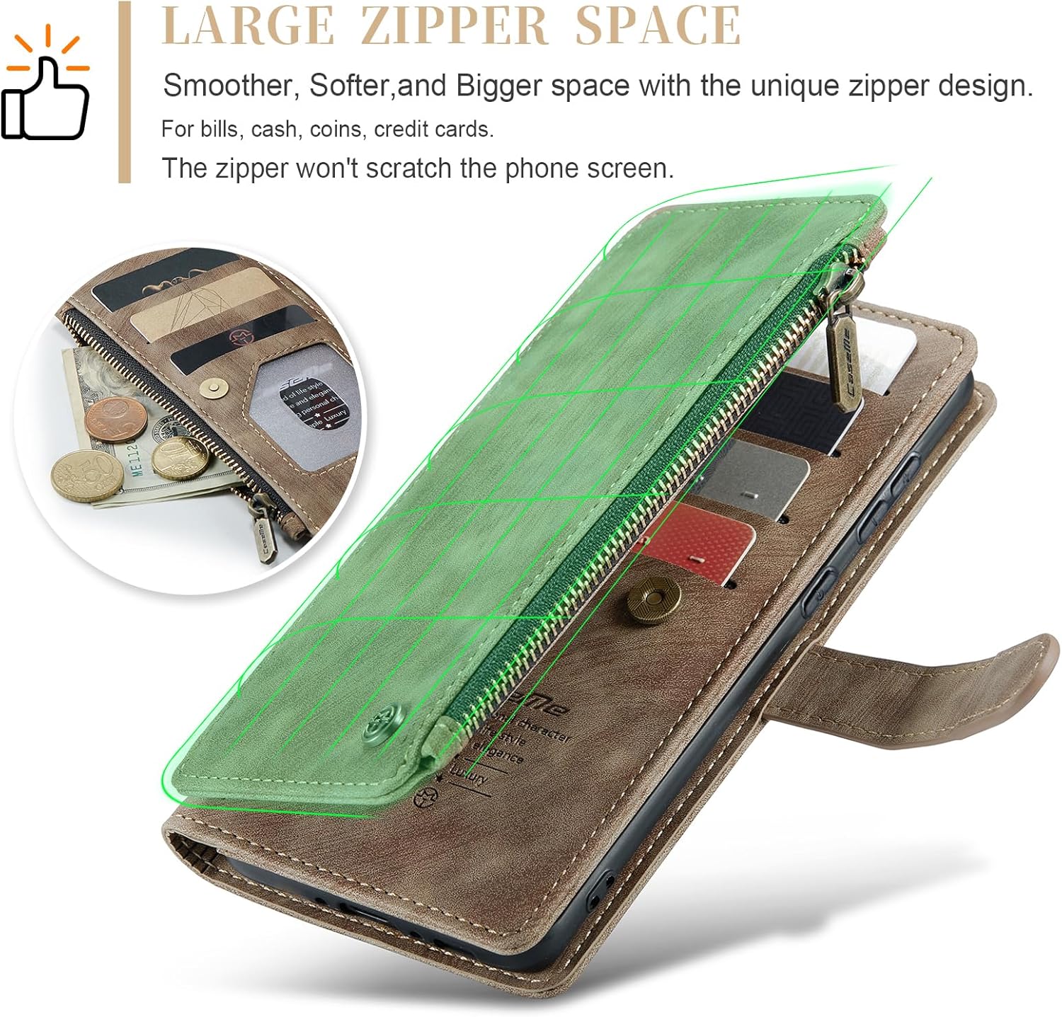 CaseMe Wallet Case for Samsung Galaxy A35 5G, Multifunction Premium PU Leather Zipper Flip Dust/Shockproof Case Built-in [Magnetic Closure] [Kickstand] [Card Slots] for Samsung Galaxy A35 5G (Brown)