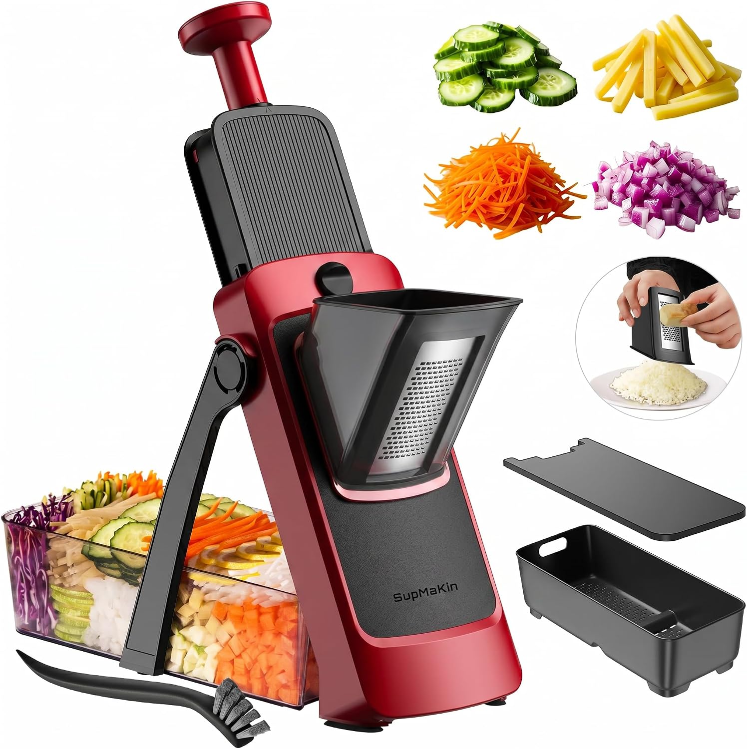 SupMaKin 2026 Upgrade Safe Mandoline Slicer,Multi Vegetable Chopper,Potato Slicer, Onion Chopper with Drain Basket Storage Container, Cheese Grater Kitchen Chopping Artifact (BlackRed)