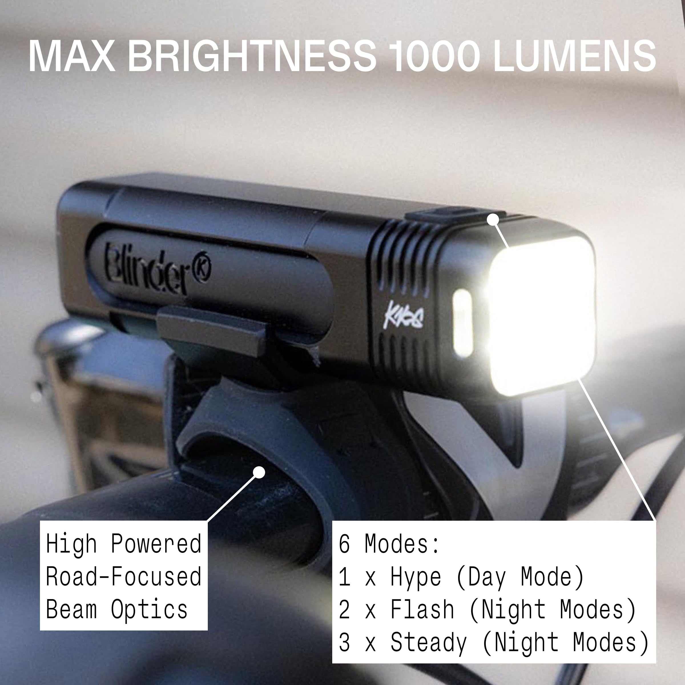 Knog Blinder 1000 et Cobber Reflex Ensemble de feux de vélo 1000 lumens avant et arrière 170 lumens rechargeables par USB, 6 + 1 modes d'éclairage, étanchéité IP67, faisceau 330°, corps compact en