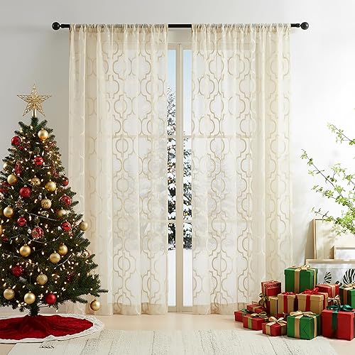 Lace Sheer Curtains Beige for Bedroom Classic Geometric Rod Pocket Living Room Curtain Panels Knitted Moroccan Pattern Light Filtering Privacy Airy Semi Sheer Window Treatment Sets, 52"W x 84"L, 2pcs
