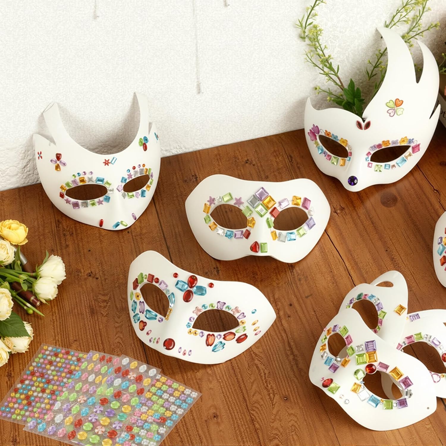 28 Pcs Paper Mache Art Masks with Gem Stickers and Paint DIY White Craft Masks Self Adhesive Jewels Half Face for Halloween Cosplay