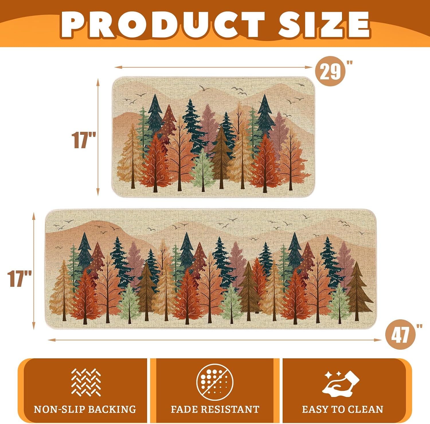 Moutina Fall Trees Forest Kitchen Rugs Set of 2, Fall Kitchen Decorations | Seasonal Autumn Home Decor Low-Profile Kitchen Mats for Floor - 17x29 and 17x47 Inch