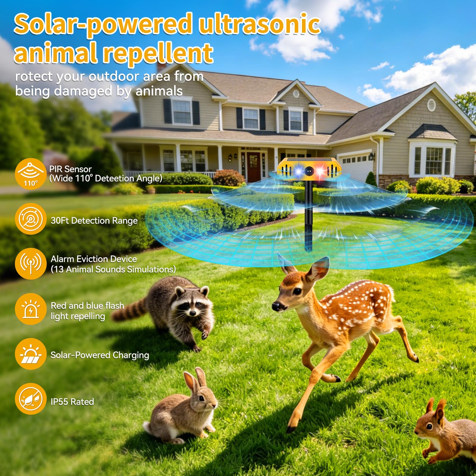 Repellente solare ad ultrasuoni per animali, repellente per gatti all'aperto con 13 suoni predatori e luci stroboscopiche, per cani, cervi, procioni, scoiattoli, paletto o montaggio a parete per