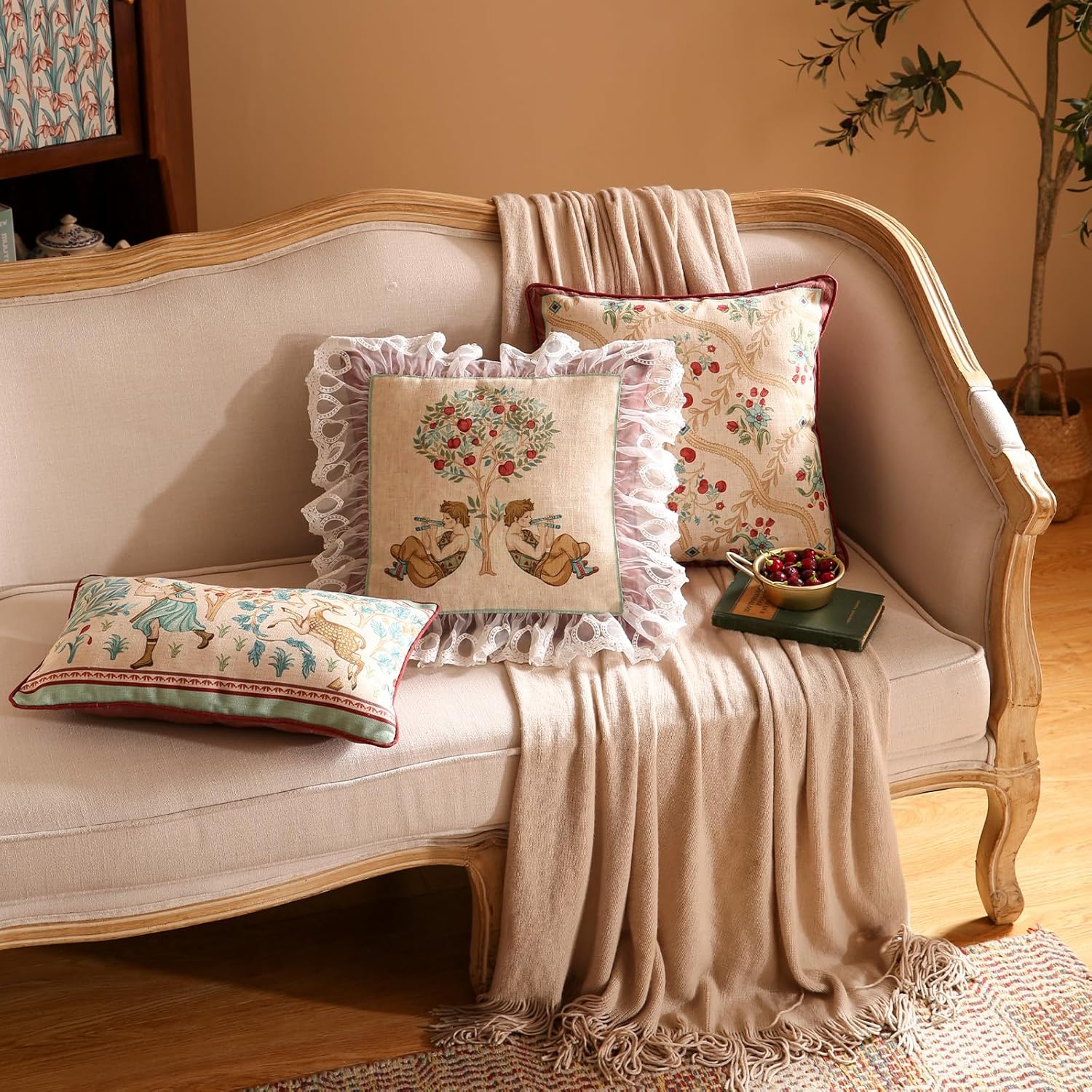 patdrea Designer Pack of 4 Throw Pillow Covers,Farmhouse Vintage Linen with Beige Ancient Idyll Pattern Pillows Cover,Decorative Lumbar Square Pillowcases Cushion for Bed Living Room Outdoor Car