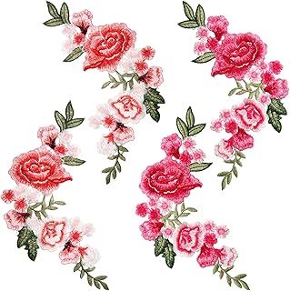 4pcs Peony Flower Embroidered Applique Sew on Patches Pink Bouquet Boho for Wedding Dress Clothes Jeans Hat Jackets Backpacks Bags Sweater Repairing Arts Craft Making