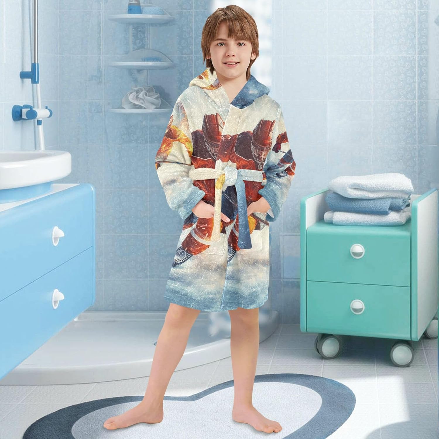 Ice Hockey Player Sports Bathrobe Hooded PJ Robe Soft Fleece Robe Pajama Sleepwears 2-12 Years